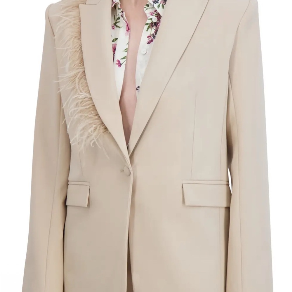 BCBG Feather Trim Elegant Tan Women's Blazer